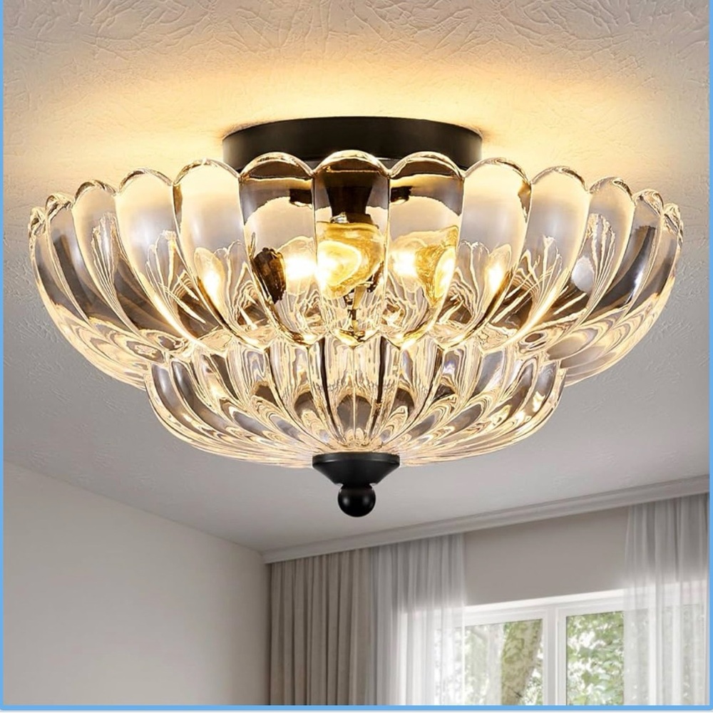Modern Black Ceiling Light Fixture, 12" Clear Glass Flush Mount Chandeliers - Picture 1 of 6